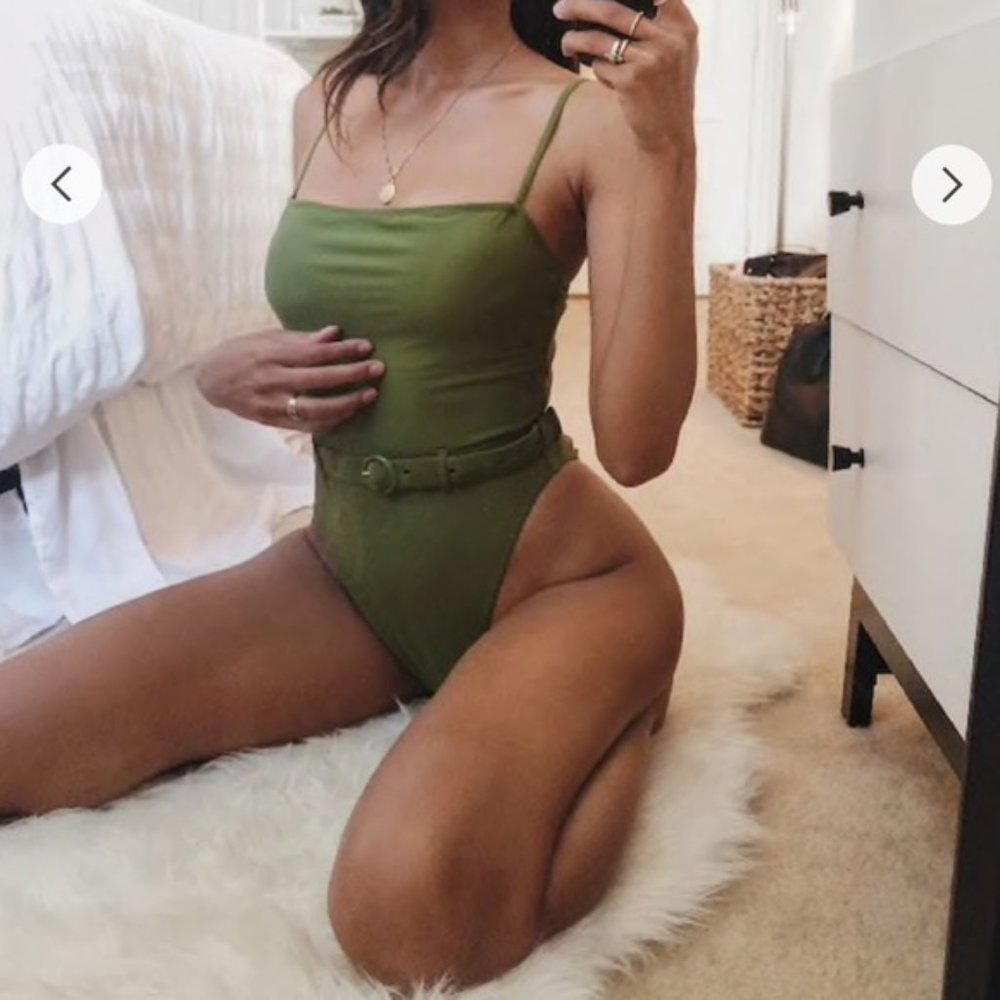 F21 Olive Green Belted High Leg One Piece Swimsuit - Picture 3 of 16